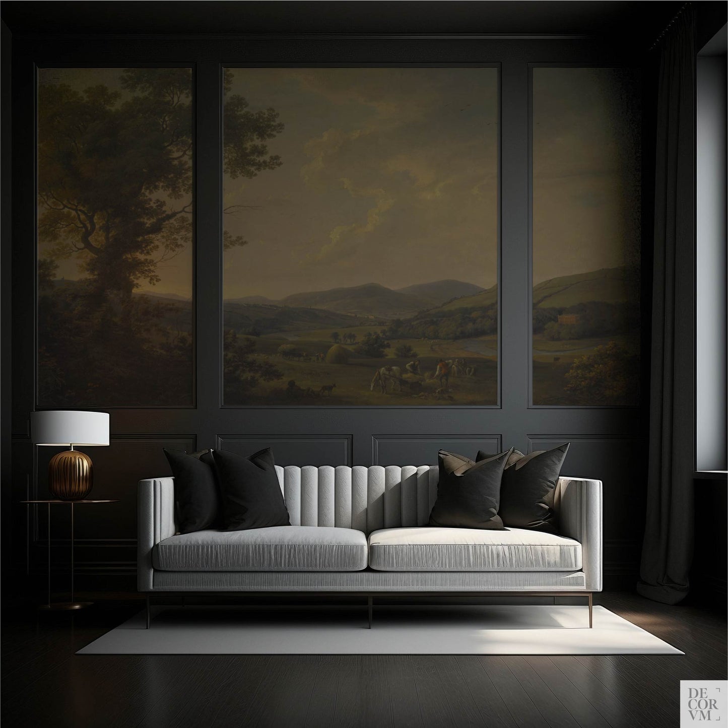 Elegant dark living room featuring the vintage Georgian landscape mural installed as three large framed art panels on dark charcoal walls, adding historic depth and drama.