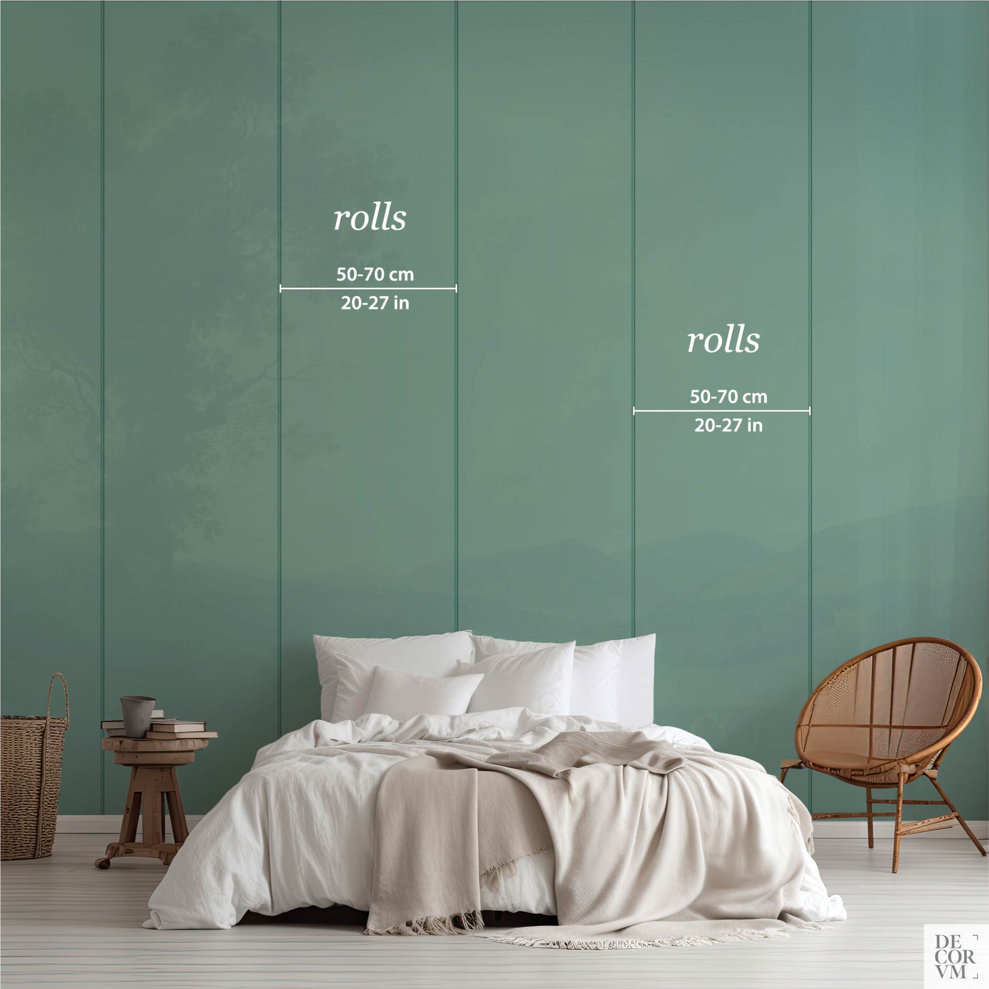 Wallpaper installation diagram showing roll width options of 50cm to 70cm (20-27 inches) for the vintage English pastoral landscape mural displayed on a green wall.