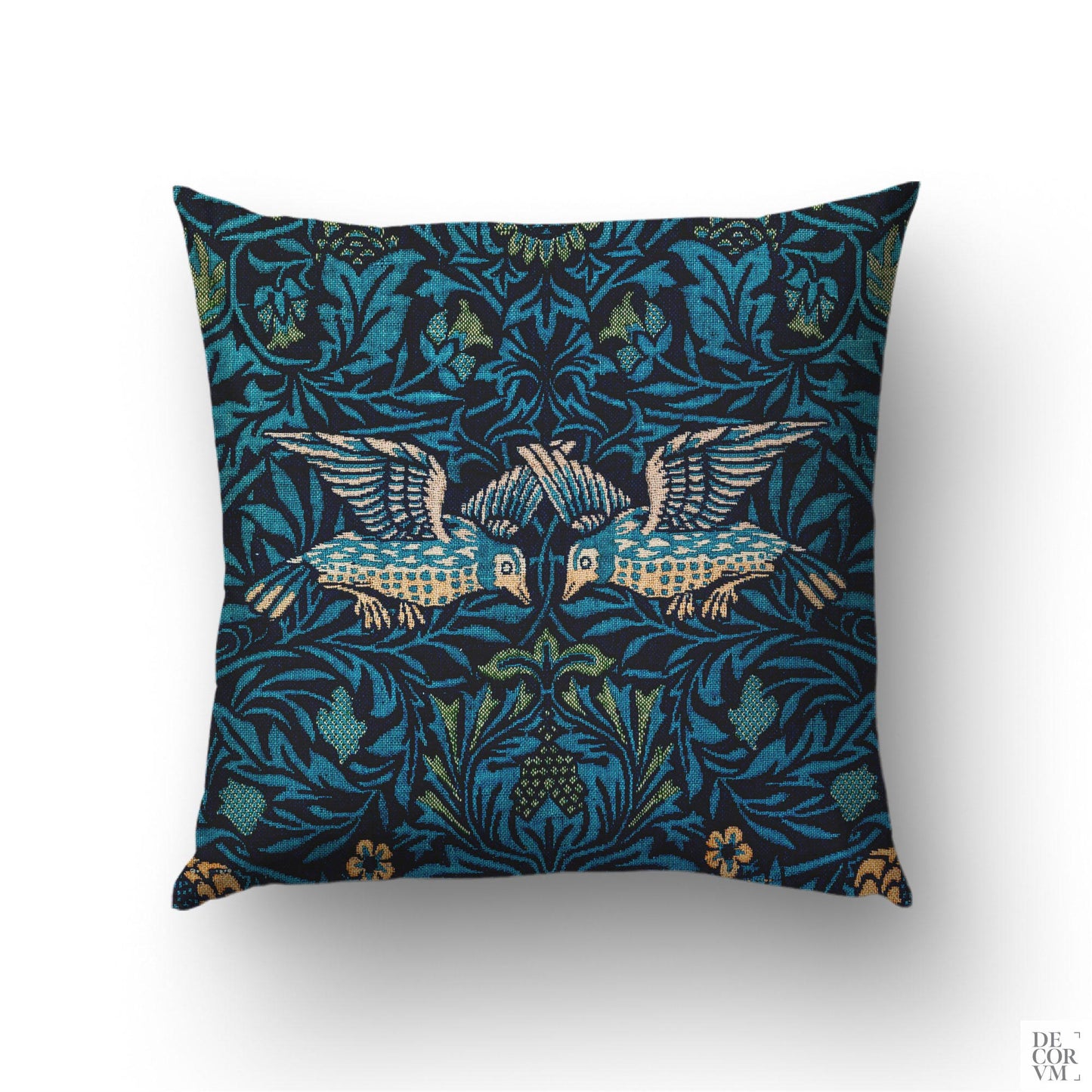 William Morris Birds throw pillow cover — Arts and Crafts pattern with two paired birds on deep teal and navy ground by Decorvm.