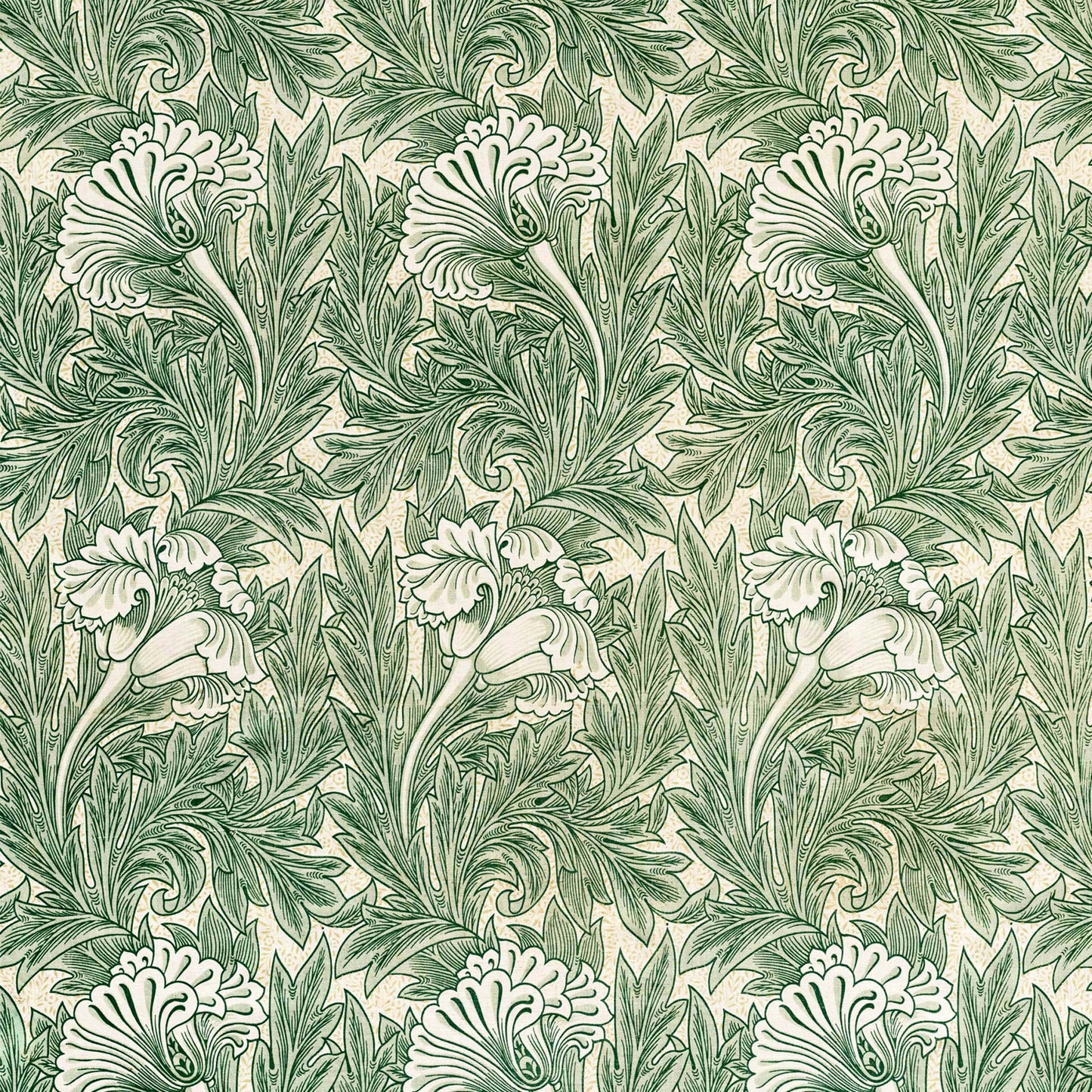 Seamless pattern view — design detail of William Morris's 1875 Tulip with scrolling foliage.