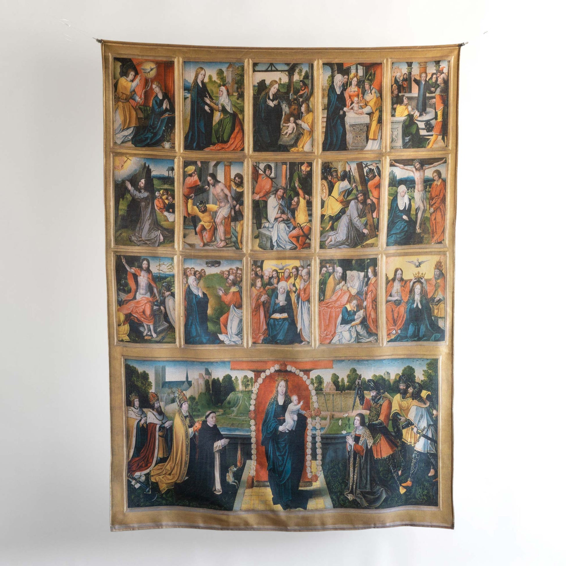 Full view of the Virgin of the Rosary wall tapestry, displaying the vibrant Fifteen Mysteries altarpiece panels printed on high-quality fabric.