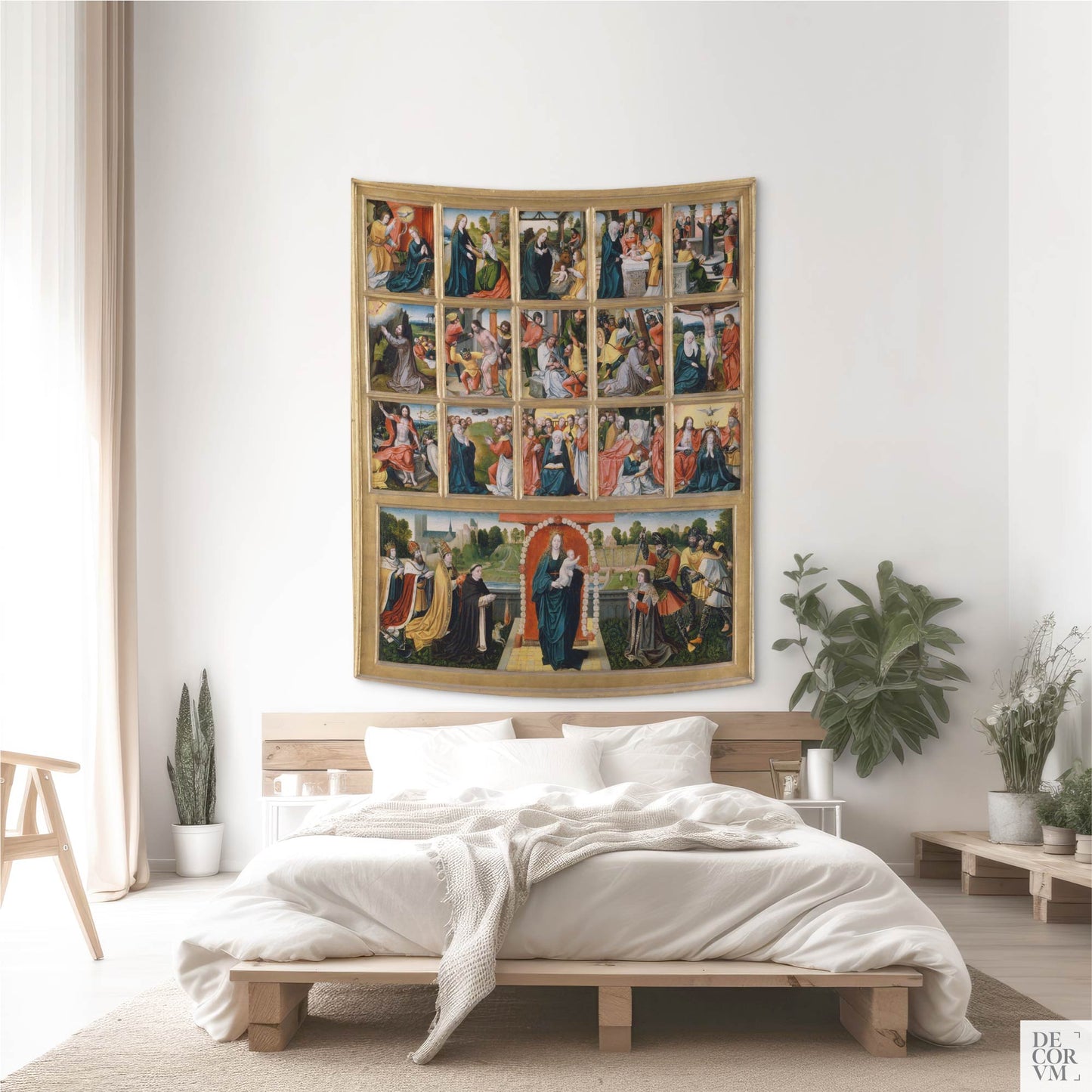Virgin of the Rosary and Fifteen Mysteries wall tapestry hung above a minimalist wooden bed in a bright modern bedroom.