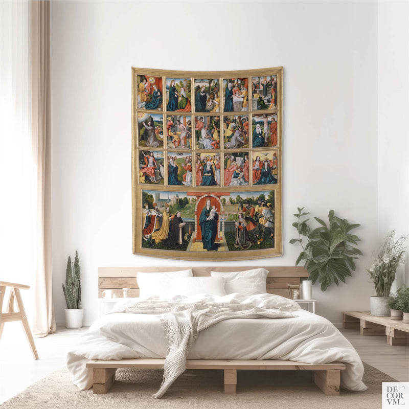 Virgin of the Rosary and Fifteen Mysteries wall tapestry hung above a minimalist wooden bed in a bright modern bedroom.