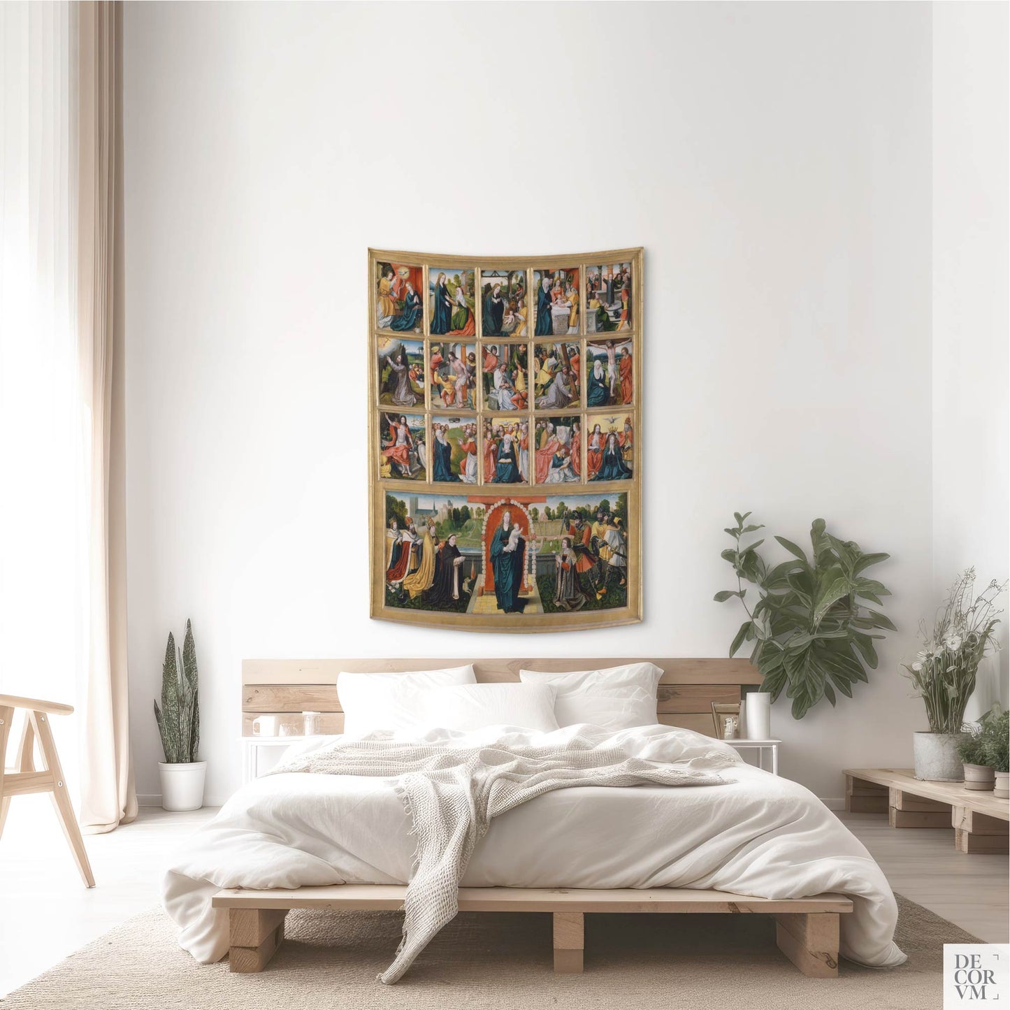 Vertical view of the Virgin of the Rosary Fifteen Mysteries tapestry hanging above a cozy white-dressed bed in a contemporary room.