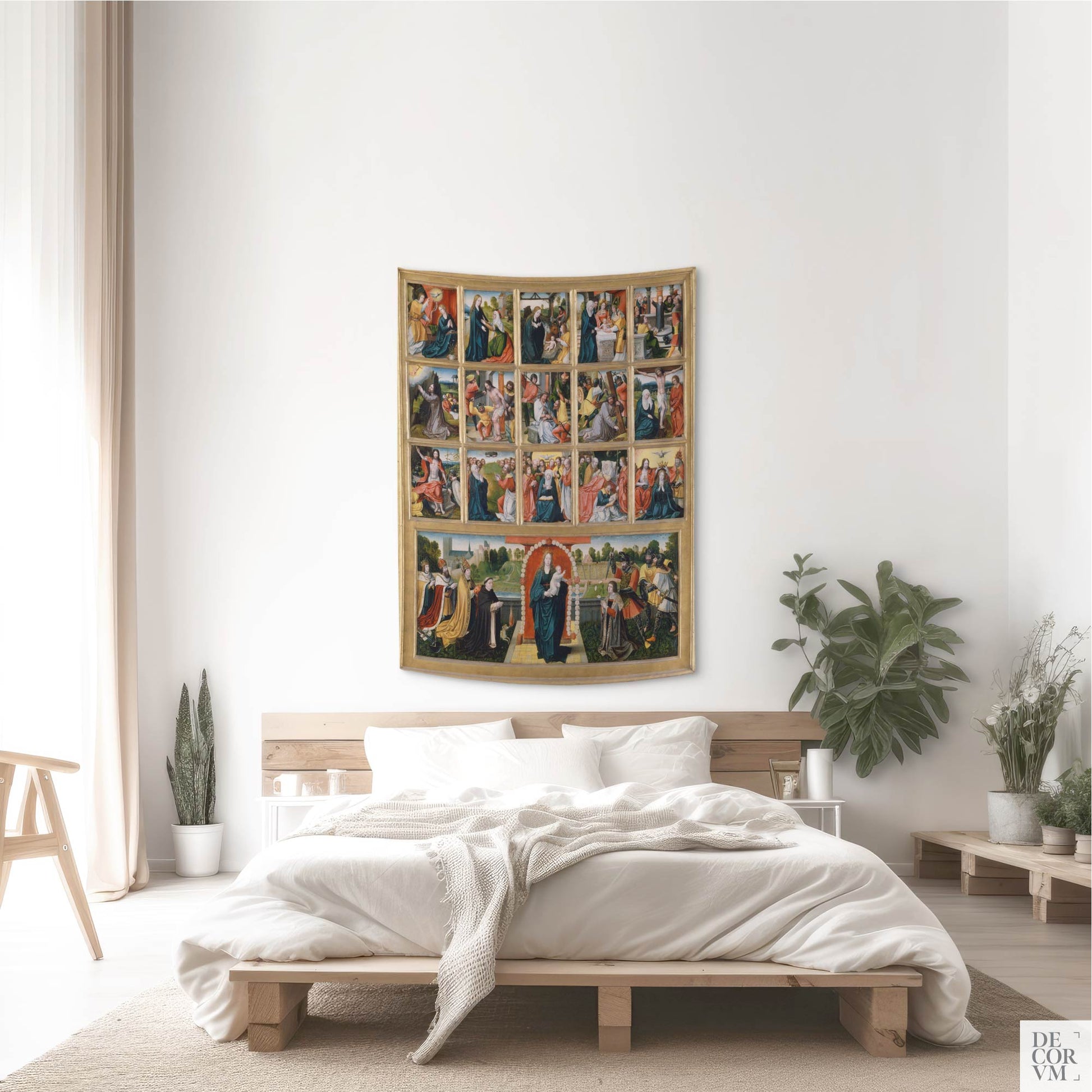 Vertical view of the Virgin of the Rosary Fifteen Mysteries tapestry hanging above a cozy white-dressed bed in a contemporary room.