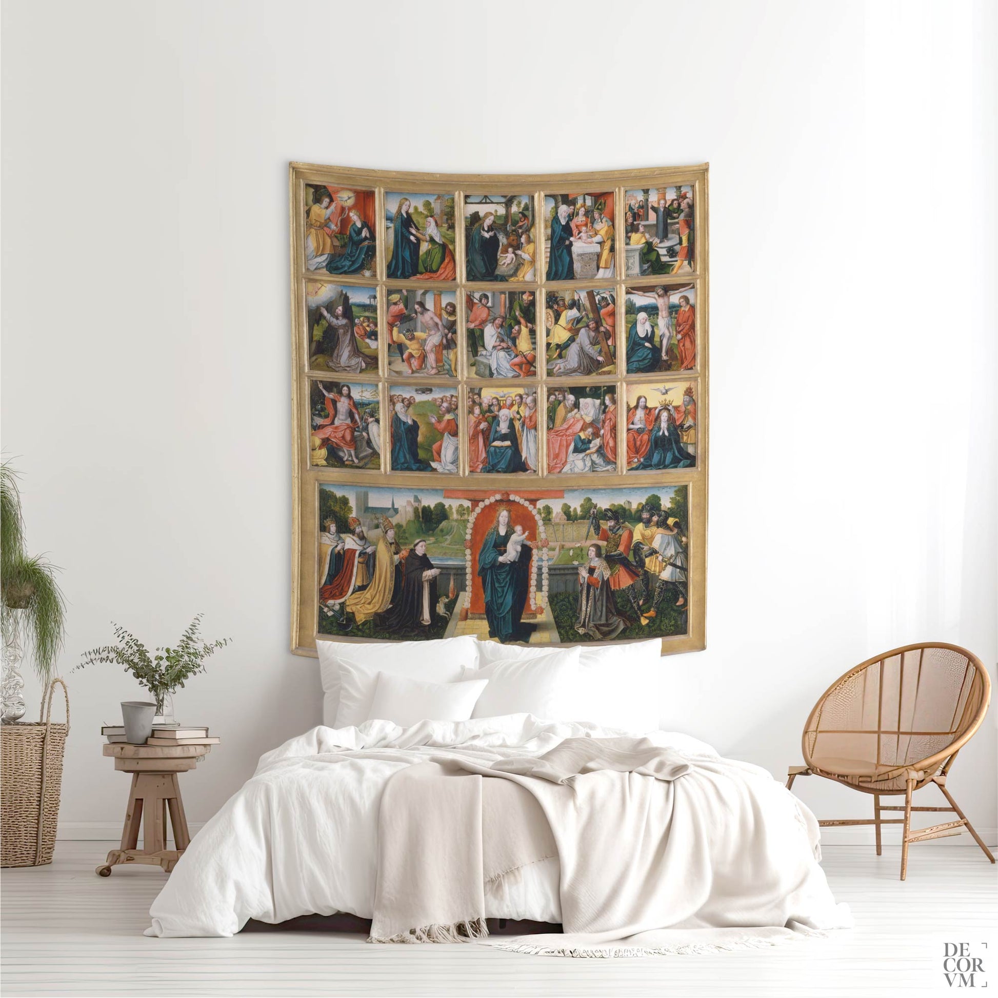 Large Virgin of the Rosary wall tapestry as a focal point above a white bed in a traditional natural-toned room with a woven chair.