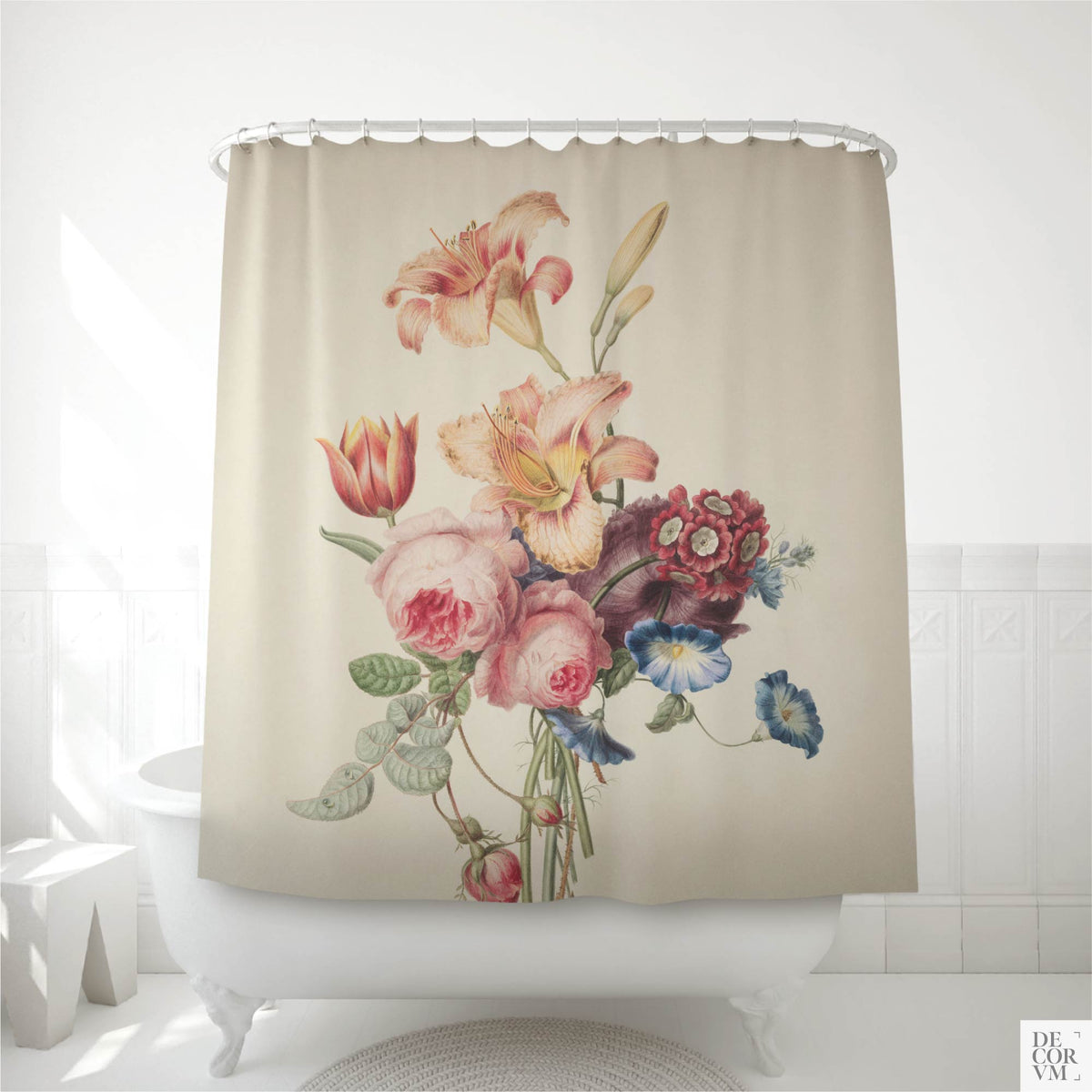 Watercolor bouquet shower curtain hanging over a white clawfoot bathtub in a bright bathroom — a vintage 1820s Dutch floral watercolor of pink roses, lilies, and morning glories, by Decorvm.
