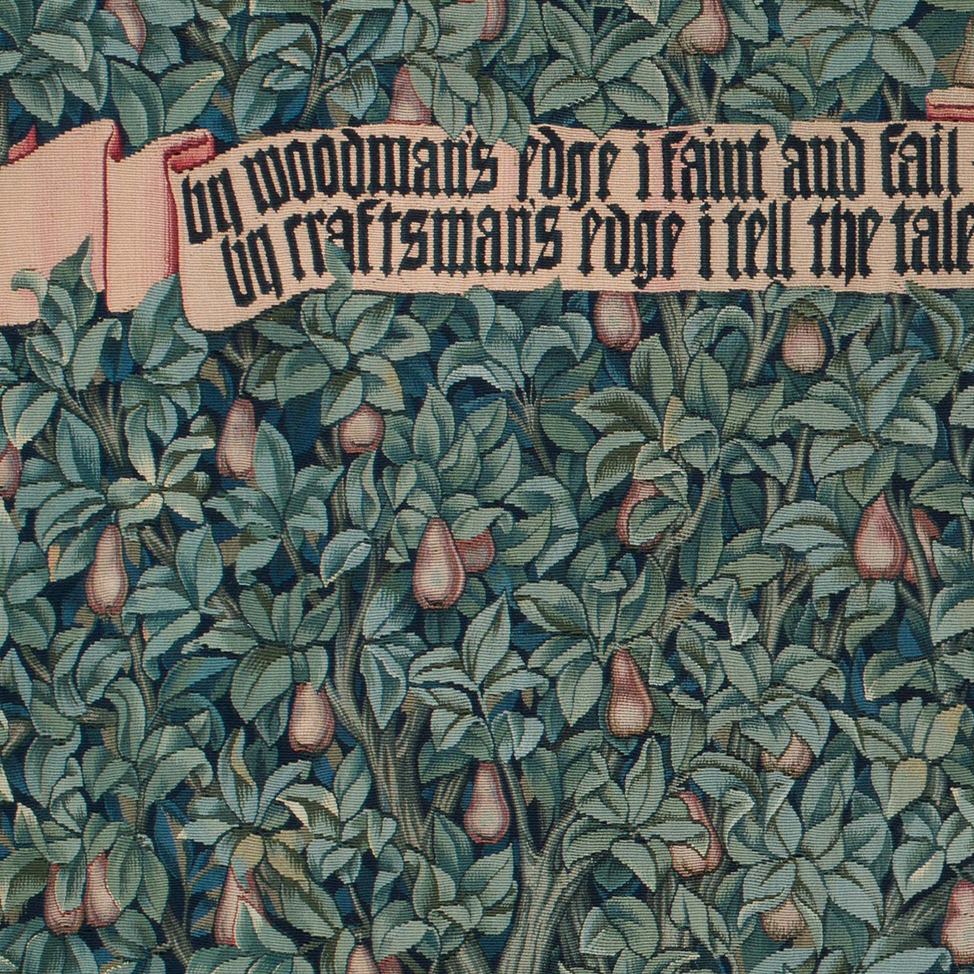 Detail of pears hanging from trees and a poetic banner reading 'by woodmans edge i faint and fail' — design detail from the Greenery tapestry.