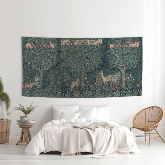 Large William Morris Greenery wall tapestry hung above a bed in a bright modern bedroom — Arts and Crafts forest with deer and botanical detail.