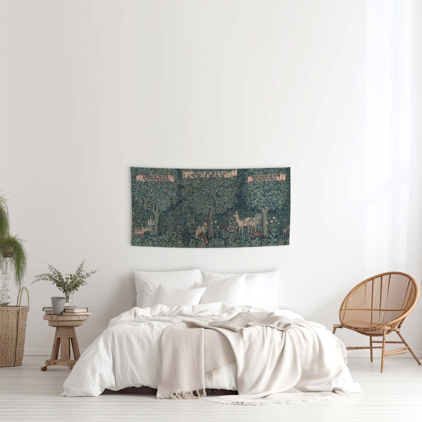 Small William Morris Greenery tapestry above a white bed adding a vintage Arts and Crafts touch to neutral cottagecore bedroom decor.