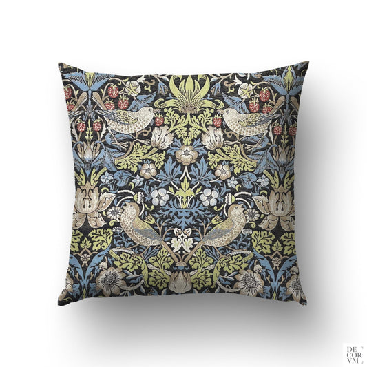 William Morris Strawberry Thief jacquard throw pillow — 1883 Arts and Crafts pattern woven in indigo by Decorvm.