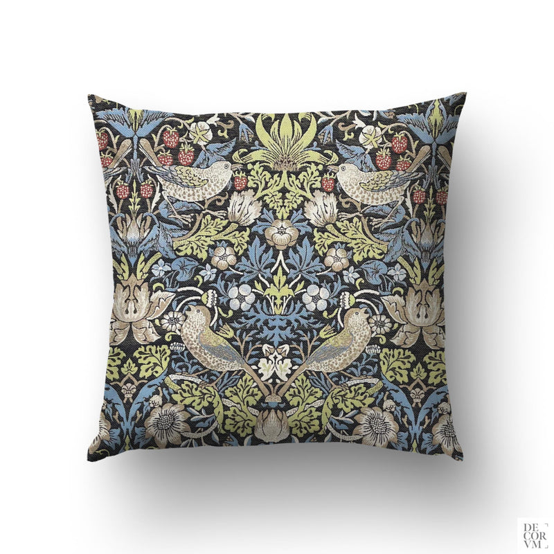 William Morris Strawberry Thief jacquard throw pillow — 1883 Arts and Crafts pattern woven in indigo by Decorvm.