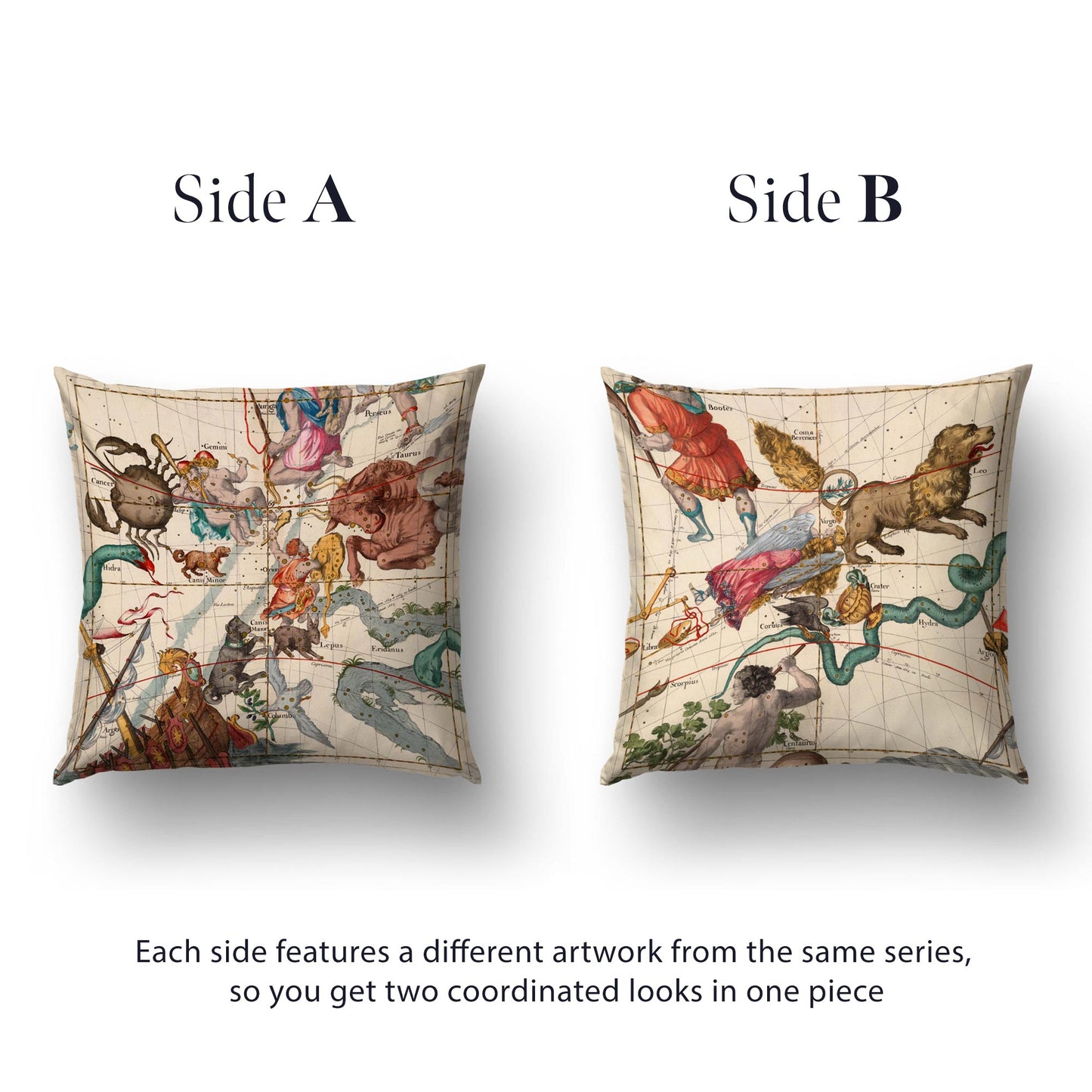 Both sides of the Pardies zodiac constellations reversible cushion cover — Taurus and Gemini on side A, Virgo and Leo on side B.