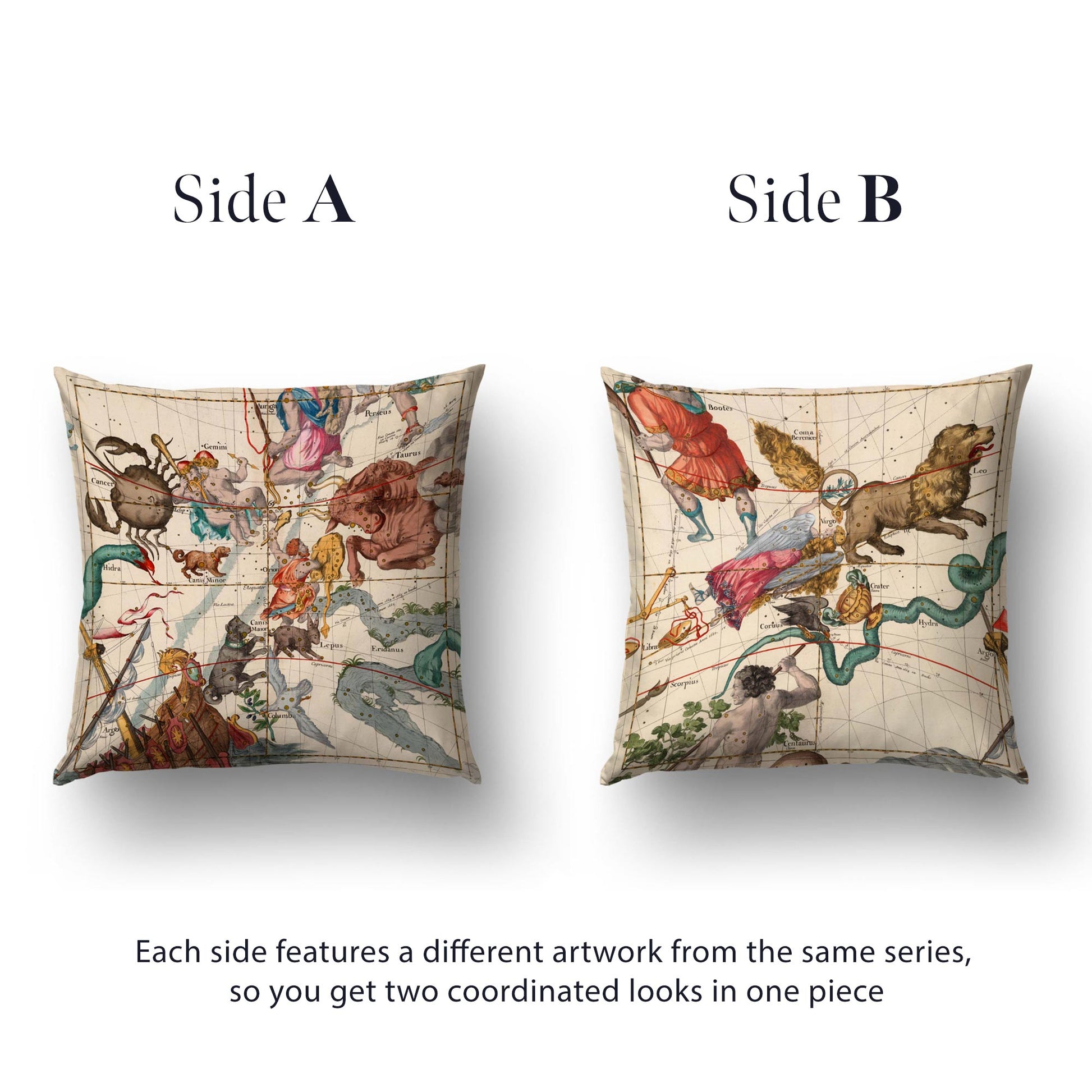 Both sides of the Pardies zodiac constellations reversible cushion cover — Taurus and Gemini on side A, Virgo and Leo on side B.