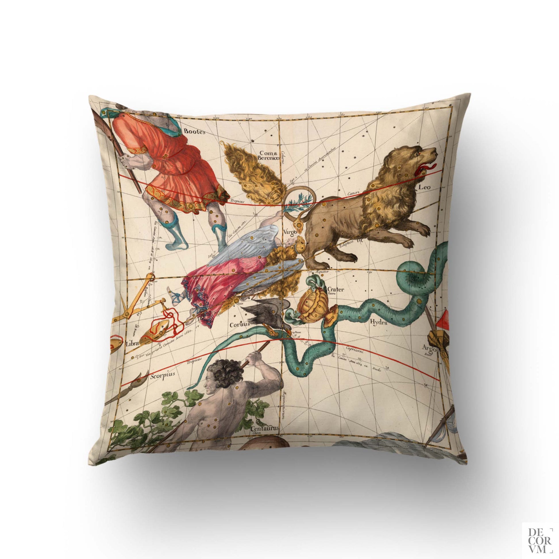 Reverse side of the Pardies zodiac constellations cushion showing Virgo and Leo from the 1693 celestial chart by Decorvm.